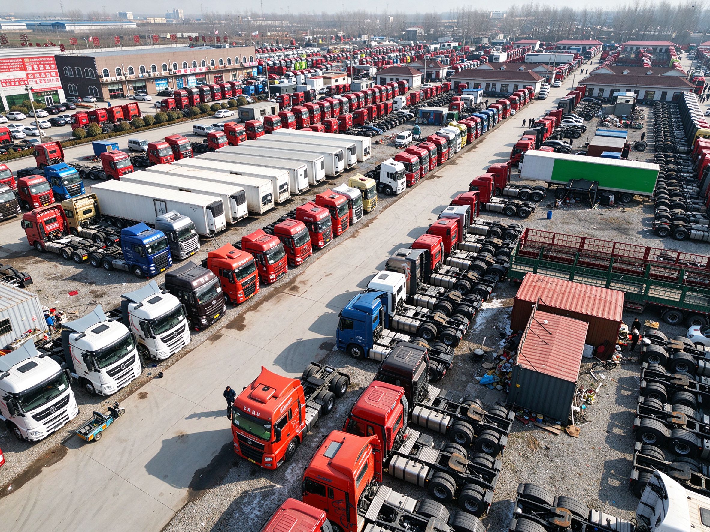 Liangshan used heavy-truck export yard, rows of 6x4 tractor trucks parked for African export